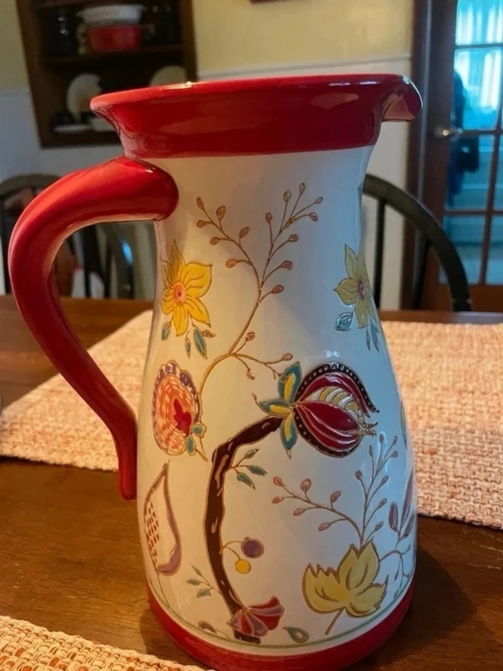 Hand-Painted Floral Ceramic Pitcher in Red Accent